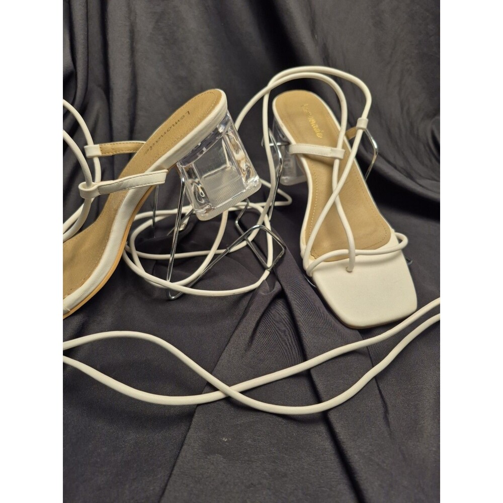 Lemonade White Strappy Ankle/Calf Wrap Clear Block Cinderella Club Shoes Size 7